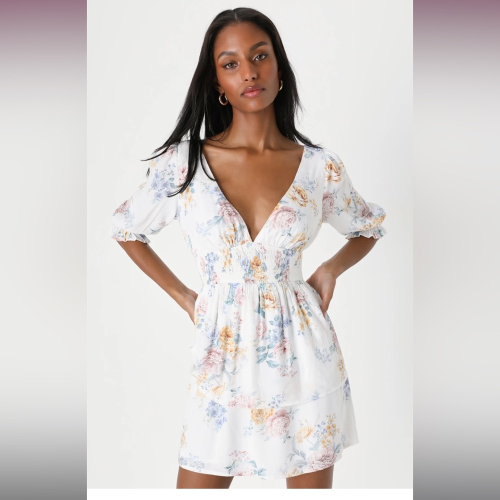 Lulu’s - Blooming Feelings White Floral Print Puff Sleeve Mini Dress